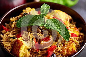 Vegetarian paneer biryani at black background