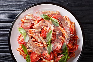 Vegetarian pasta Casarecce with tomato sauce, parmesan cheese and basil closeup on a plate. horizontal top view