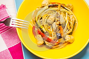 Vegetarian pasta with soy fricandel