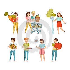 Vegetarian People Characters with Fresh Vegetables from Greengrocery Vector Illustration Set