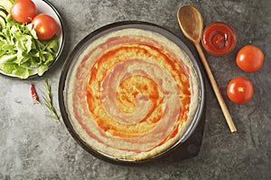 Vegetarian pizza. Cooking process of vegetable homemade pizza with fresh ingredients isolated on dark background. Copy space. Step