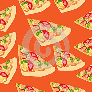 Vegetarian pizza seamless pattern with mushrooms, tomatoes and cheese.