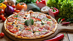 A vegetarian pizza served on a distressed wooden table with colorful vegetables surrounding it