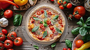 A vegetarian pizza served on a distressed wooden table with colorful vegetables surrounding it