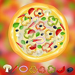 Vegetarian pizza with vegetables on a colorful bright background. Onions, sweet peppers, olives, tomatoes.