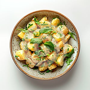 Vegetarian potato salad with creamy dressing, garnished fresh green basil and herbs, in a deep ceramic plate. Generative AI