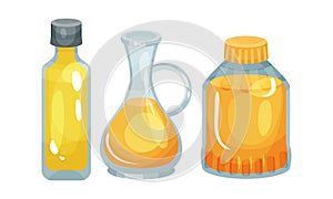 Vegetarian Rapeseed Oil Poured in Glass Bottles Vector Set