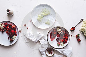 Vegetarian Red Fruits Salad for Summer Healthy Dessert with Strawberry, Cherry.