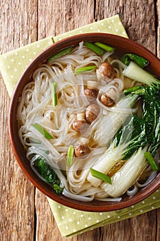 Vegetarian rice noodle soup with mushrooms and bok choy closeup in a bowl. Vertical top view