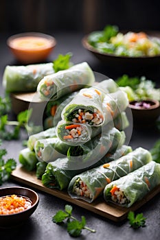 Vegetarian roll wrapped in cabbage leaf. Vegetarian spring rolls, carrot, rice, parsley. Vegan food. Tasty meal