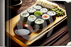 Vegetarian rolls with avocado cucumber rice in sea kale on wooden substrate sushi set