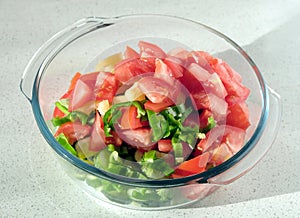 Vegetarian salad from fresh vegetables in glass closeup