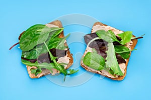 Vegetarian sandwich. Toast with a creamy spread and assorted edible salad leaves. Blue background. Healthy eating. Food concept
