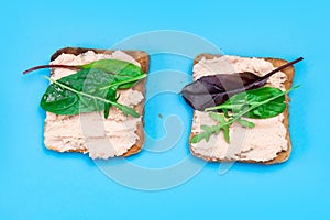 Vegetarian sandwich. Toast with a creamy spread and assorted edible salad leaves. Blue background. Healthy eating. Food concept