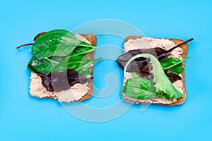 Vegetarian sandwich. Toast with a creamy spread and assorted edible salad leaves. Blue background. Healthy eating. Food concept