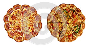 Vegetarian and sausage pizzas