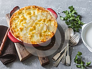 Vegetarian shepherd`s pie. Potatoes, lentils and seasonal garden vegetables casserole.