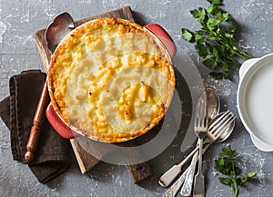 Vegetarian shepherd`s pie. Potatoes, lentils and seasonal garden vegetables casserole.