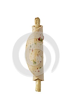 Vegetarian snack with boiled sausage on a bread stick isolated on white background,