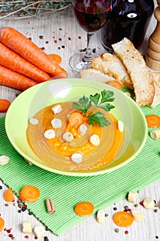 Vegetarian soup with toast in a dish