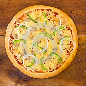 Vegetarian style pizza made with par-baked dough, using processed cheese. Closeup shot of 12 inch microwaveable pizza