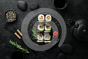 Vegetarian sushi with avocado and tomatoes. Sushi Set. Top view.