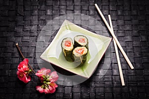 Vegetarian sushi with flowers