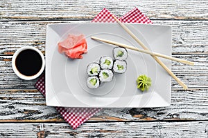 Vegetarian sushi roll with cucumber.