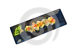 Vegetarian sushi roll with mango, cucumber, parsley