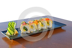 Vegetarian sushi roll with mango, cucumber, parsley