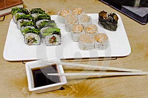 Vegetarian sushi and roll set with vegetables. Japanese food. 4