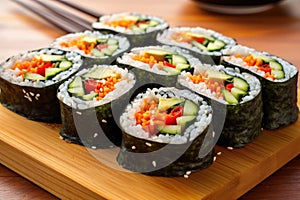 vegetarian sushi rolls on a bamboo mat