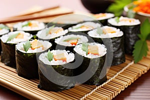 vegetarian sushi rolls on a bamboo mat