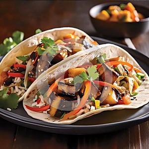 Vegetarian tacos with eggplant, zucchini, bell pepper and rice