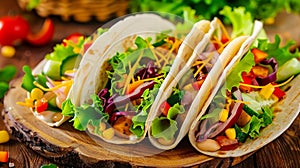 Vegetarian tacos are laid out on a wooden table, Ai Generated