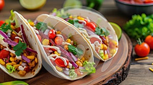 Vegetarian tacos presented on a rustic wooden table, a savory and satisfying meal, Ai Generated