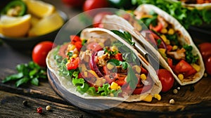 Vegetarian tacos presented on a rustic wooden table, a savory and satisfying meal, Ai Generated