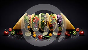 Vegetarian Tacos With Variety Of Toppings And Spices On Dark Background - Generative AI