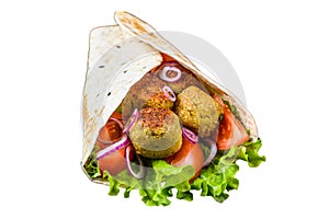 Vegetarian Tortilla wrap with falafel and fresh salad, vegan tacos. Isolated on white background.