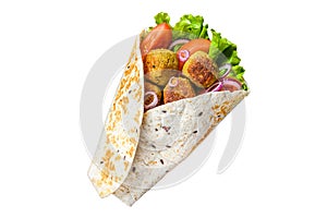 Vegetarian Tortilla wrap with falafel and fresh salad, vegan tacos. Isolated on white background.