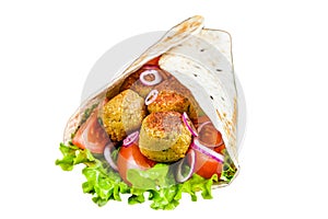 Vegetarian Tortilla wrap with falafel and fresh salad, vegan tacos. Isolated on white background, top view.