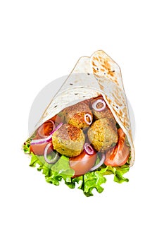 Vegetarian Tortilla wrap with falafel and fresh salad, vegan tacos. Isolated on white background, top view.