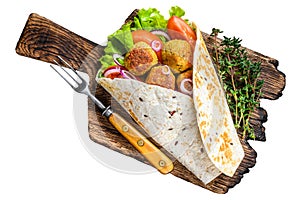 Vegetarian Tortilla wrap with falafel and fresh salad, vegan tacos. Isolated on white background, top view.