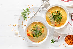 Vegetarian vegetable lentil soup with fresh parsley, healthy eating