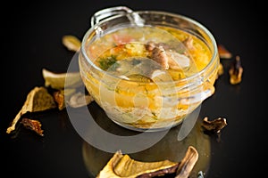 vegetarian vegetable soup with porcini mushrooms in a glass bowl