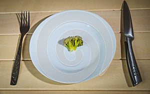 Vegetarian vegetables: broccoli, Brussels sprouts, cauliflower, carrots and green beans on a white plate and blue background.