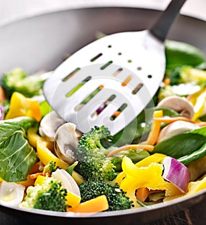 Vegetarian wok stir fry with metal spatula.