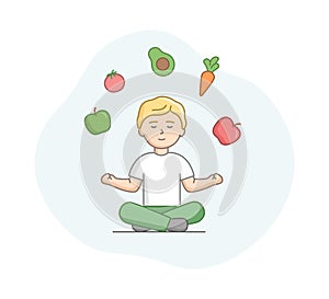 Vegetarianism, Concept. Man Vegetarian Meditates In Lotus Pose With Vegetables And Fruits Above His Head. Boy Leading