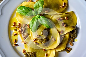 Vegetariano italiano! Tortelli with roasted pine nuts and pesto basilico photo