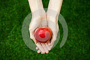 Vegetarians and fresh fruit and vegetables on the nature of the theme: human hand holding a red apple on a background of green gra photo